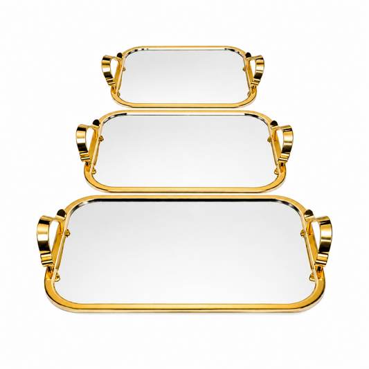 3-Piece Premium Gold Rectangular Decorative Tray Set with Mirrored Glass