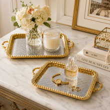 2-Piece Luxury Gold Serving Tray Set with Mirrored Bases and Decorative Handles