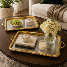 2-Piece Luxury Gold Serving Tray Set with Mirrored Bases and Decorative Handles