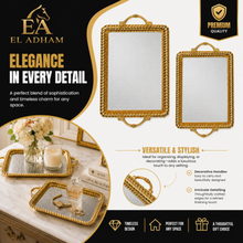 2-Piece Luxury Gold Serving Tray Set with Mirrored Bases and Decorative Handles