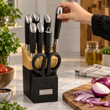 TEMIOV 8-Piece Stainless Steel Kitchen Knife Set with Scissors & Countertop Block – Black, Gold & Gray