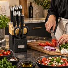 TEMIOV 8-Piece Stainless Steel Kitchen Knife Set with Scissors & Countertop Block – Black, Gold & Gray