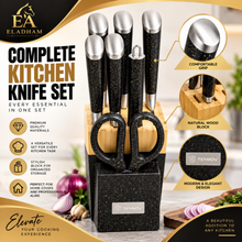TEMIOV 8-Piece Stainless Steel Kitchen Knife Set with Scissors & Countertop Block – Black, Gold & Gray