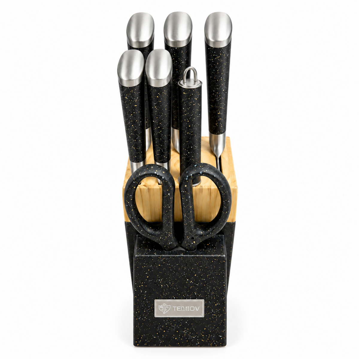 TEMIOV 8-Piece Stainless Steel Kitchen Knife Set with Scissors & Countertop Block – Black, Gold & Gray