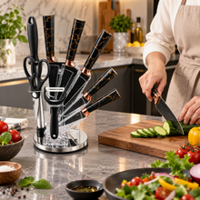 9-Piece Stainless Steel Kitchen Knife Set with Clear Countertop Stand & Accessories – Black & Gold Marble Design