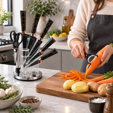 9-Piece Stainless Steel Kitchen Knife Set with Clear Countertop Stand & Accessories – Black & Gold Marble Design