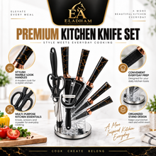 9-Piece Stainless Steel Kitchen Knife Set with Clear Countertop Stand & Accessories – Black & Gold Marble Design