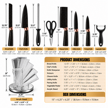 9-Piece Stainless Steel Kitchen Knife Set with Clear Countertop Stand & Accessories – Black & Gold Marble Design