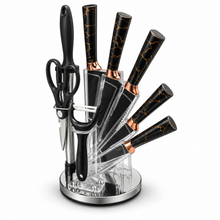 9-Piece Stainless Steel Kitchen Knife Set with Clear Countertop Stand & Accessories – Black & Gold Marble Design