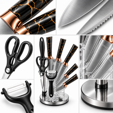 9-Piece Stainless Steel Kitchen Knife Set with Clear Countertop Stand & Accessories – Black & Gold Marble Design