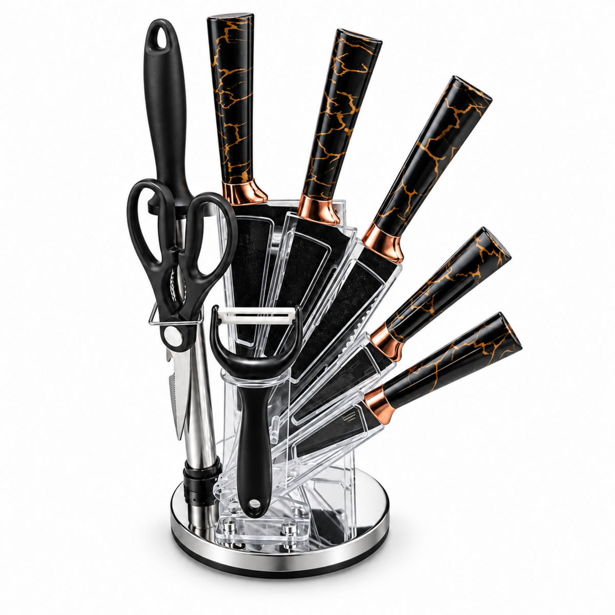 9-Piece Stainless Steel Kitchen Knife Set with Clear Countertop Stand & Accessories – Black & Gold Marble Design