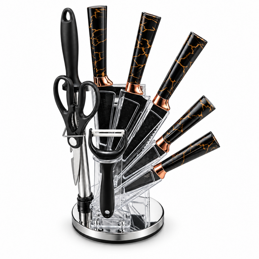 9-Piece Stainless Steel Kitchen Knife Set with Clear Countertop Stand & Accessories – Black & Gold Marble Design