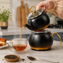 2-Piece Black Speckled Stainless Steel Turkish Tea Kettle Set with Glass Lid, 2 L and 1.2 L