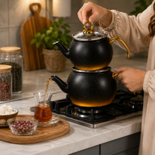 2-Piece Black Speckled Stainless Steel Turkish Tea Kettle Set with Glass Lid, 2 L and 1.2 L