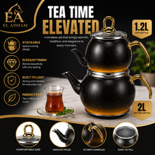 2-Piece Black Speckled Stainless Steel Turkish Tea Kettle Set with Glass Lid, 2 L and 1.2 L