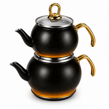 2-Piece Black Speckled Stainless Steel Turkish Tea Kettle Set with Glass Lid, 2 L and 1.2 L