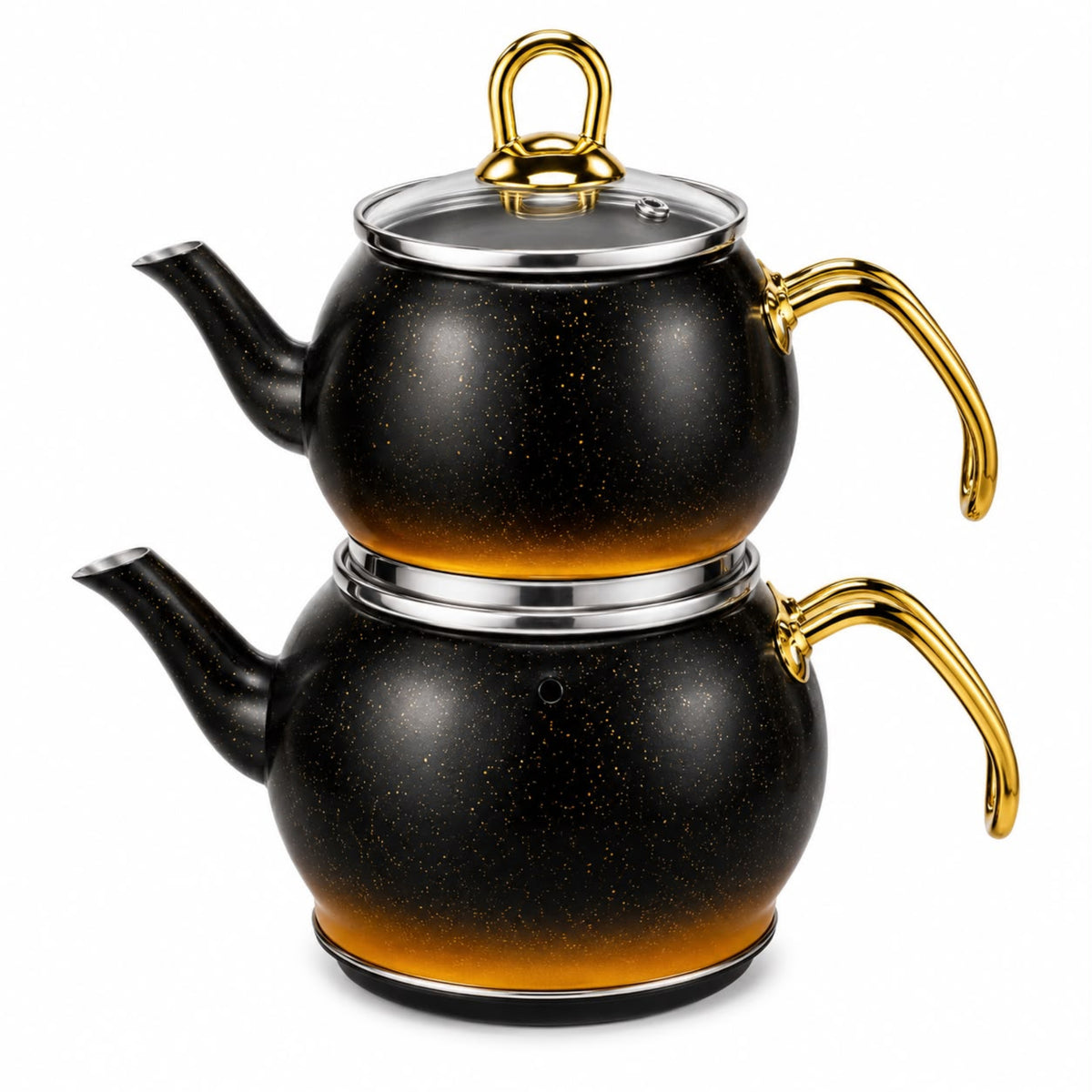 2-Piece Black Speckled Stainless Steel Turkish Tea Kettle Set with Glass Lid, 2 L and 1.2 L