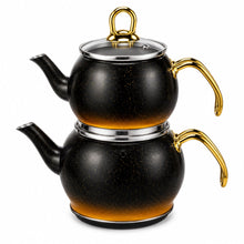 2-Piece Black Speckled Stainless Steel Turkish Tea Kettle Set with Glass Lid, 2 L and 1.2 L