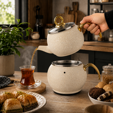2-Piece Cream Speckled Turkish Tea Kettle Set, 2L & 1.2L