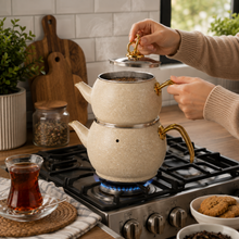 2-Piece Cream Speckled Turkish Tea Kettle Set, 2L & 1.2L