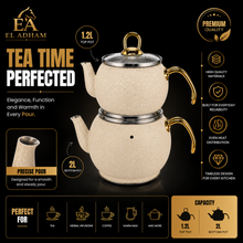 2-Piece Cream Speckled Turkish Tea Kettle Set, 2L & 1.2L
