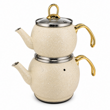 2-Piece Cream Speckled Turkish Tea Kettle Set, 2L & 1.2L