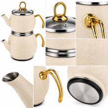 2-Piece Cream Speckled Turkish Tea Kettle Set, 2L & 1.2L
