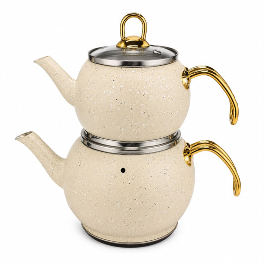 2-Piece Cream Speckled Turkish Tea Kettle Set, 2L & 1.2L