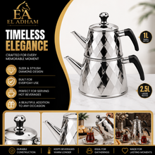 2-Piece Stainless Steel Turkish Tea Maker Set with Diamond Pattern, 2.5 L and 1 L