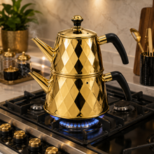 Gold Stainless Steel Turkish Tea Pot Set, 2.5 L and 1 L, 2-Piece