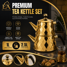 Gold Stainless Steel Turkish Tea Pot Set, 2.5 L and 1 L, 2-Piece