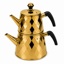 Gold Stainless Steel Turkish Tea Pot Set, 2.5 L and 1 L, 2-Piece