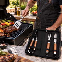 4-Piece BBQ Grilling Tool Set with Tongs, Spatula, Carving Fork & Knife in Carrying Case – Large