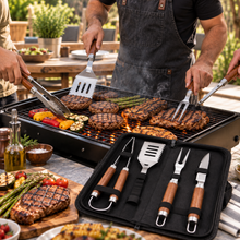 4-Piece BBQ Grilling Tool Set with Tongs, Spatula, Carving Fork & Knife in Carrying Case – Large