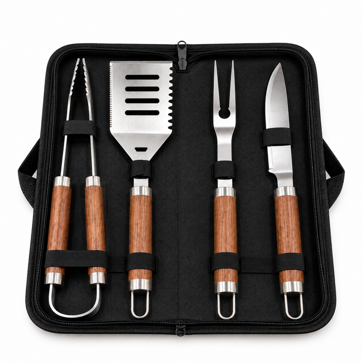 4-Piece BBQ Grilling Tool Set with Tongs, Spatula, Carving Fork & Knife in Carrying Case – Large