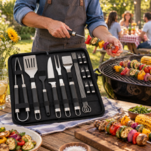 Complete BBQ Grilling Tool Set with Carrying Case – XL Outdoor Grill Utensil Kit with Tongs, Spatula, Fork, Knife, Skewers & Accessories