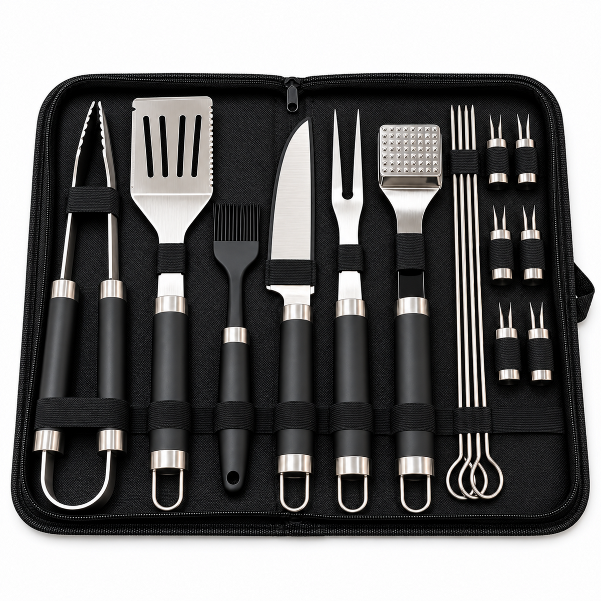Complete BBQ Grilling Tool Set with Carrying Case – XL Outdoor Grill Utensil Kit with Tongs, Spatula, Fork, Knife, Skewers & Accessories