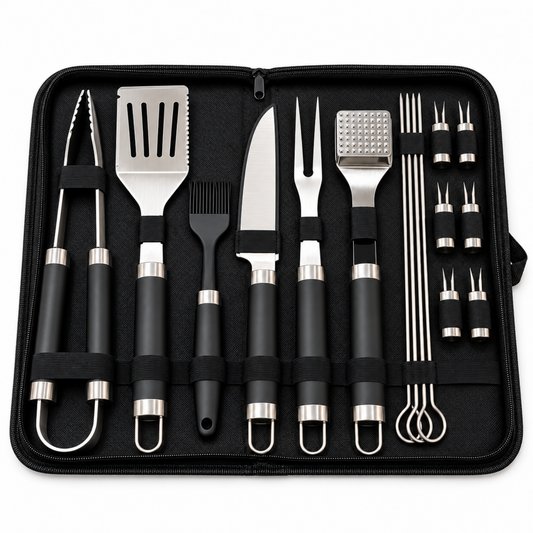 Complete BBQ Grilling Tool Set with Carrying Case – XL Outdoor Grill Utensil Kit with Tongs, Spatula, Fork, Knife, Skewers & Accessories