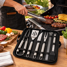 Premium BBQ Grilling Tool Set with Tongs, Spatula, Knife, Carving Fork, Skewers & Basting Brush in Carrying Case – Medium