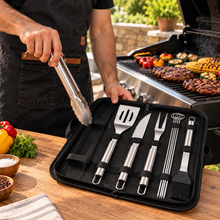 Premium BBQ Grilling Tool Set with Tongs, Spatula, Knife, Carving Fork, Skewers & Basting Brush in Carrying Case – Medium