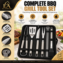 Premium BBQ Grilling Tool Set with Tongs, Spatula, Knife, Carving Fork, Skewers & Basting Brush in Carrying Case – Medium