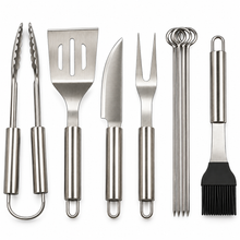 Premium BBQ Grilling Tool Set with Tongs, Spatula, Knife, Carving Fork, Skewers & Basting Brush in Carrying Case – Medium