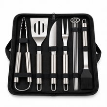 Premium BBQ Grilling Tool Set with Tongs, Spatula, Knife, Carving Fork, Skewers & Basting Brush in Carrying Case – Medium