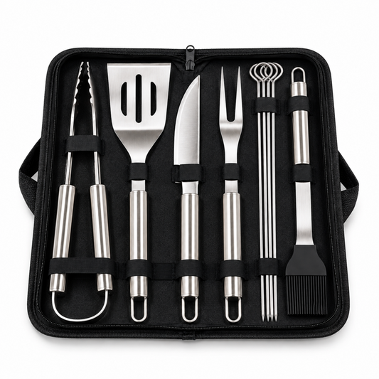 Premium BBQ Grilling Tool Set with Tongs, Spatula, Knife, Carving Fork, Skewers & Basting Brush in Carrying Case – Medium