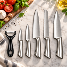 6-Piece Stainless Steel Kitchen Knife Set with 5 Assorted Knives & Y-Peeler – Silver & Black