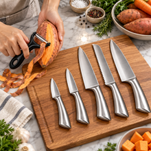 6-Piece Stainless Steel Kitchen Knife Set with 5 Assorted Knives & Y-Peeler – Silver & Black