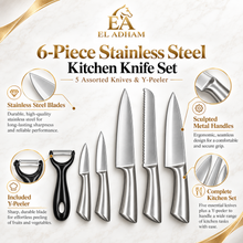 6-Piece Stainless Steel Kitchen Knife Set with 5 Assorted Knives & Y-Peeler – Silver & Black