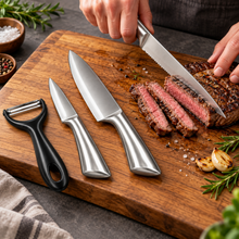 4-Piece Stainless Steel Kitchen Knife Set with Chef Knife, Serrated Knife, Paring Knife & Y-Peeler – Silver & Black