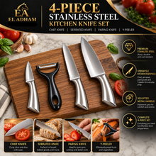 4-Piece Stainless Steel Kitchen Knife Set with Chef Knife, Serrated Knife, Paring Knife & Y-Peeler – Silver & Black