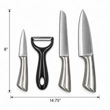 4-Piece Stainless Steel Kitchen Knife Set with Chef Knife, Serrated Knife, Paring Knife & Y-Peeler – Silver & Black